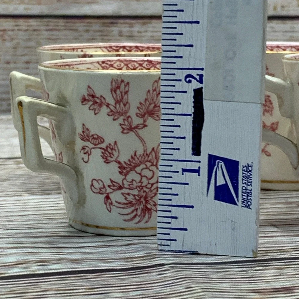 Antique Red Floral‎ Tea Cups and Saucers Set of 4 Orchid China Vintage